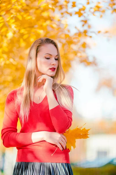 Concetto autunnale - bella donna che beve caffè nel parco autunnale sotto fogliame autunnale — Foto Stock