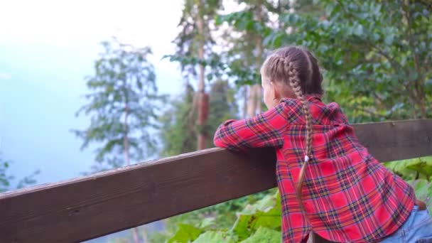 Красива щаслива маленька дівчинка в горах на тлі туману — стокове відео