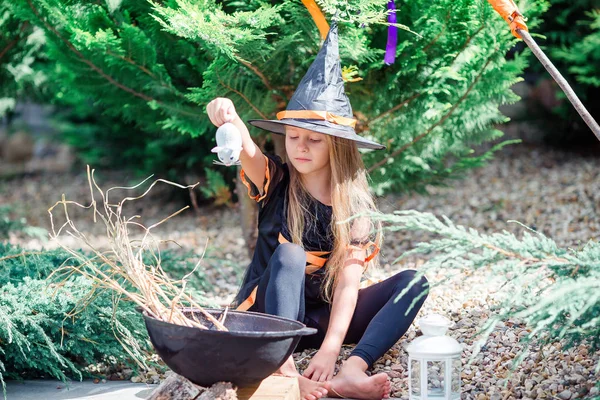 Happy girl in halloween costume with jack pumpkin.Trick or treat — Stock Photo, Image