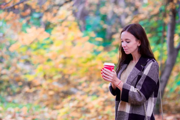 秋天的理念 美丽的女孩在下秋天的落叶的秋天公园里喝咖啡 — 图库照片