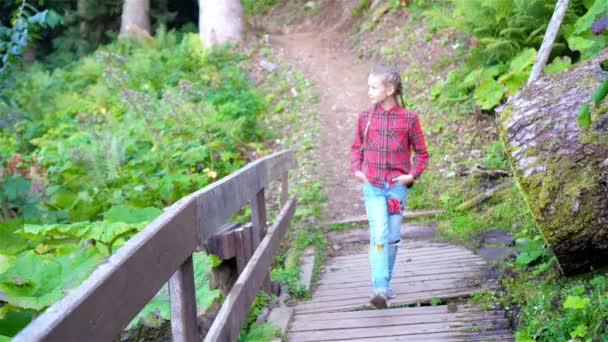 Hermosa niña feliz en las montañas en el fondo de la niebla — Vídeos de Stock