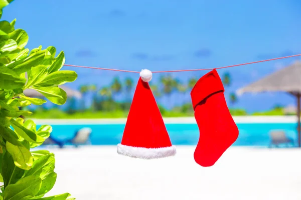 Topi Red Santa dan kaus kaki Natal diantara pohon palem — Stok Foto