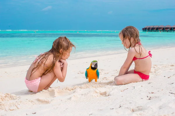 Adorable little girls at beach with colorful parrot — Stock Photo, Image