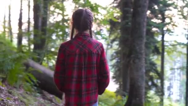 Schöne glückliche kleine Mädchen in den Bergen im Hintergrund des Nebels — Stockvideo