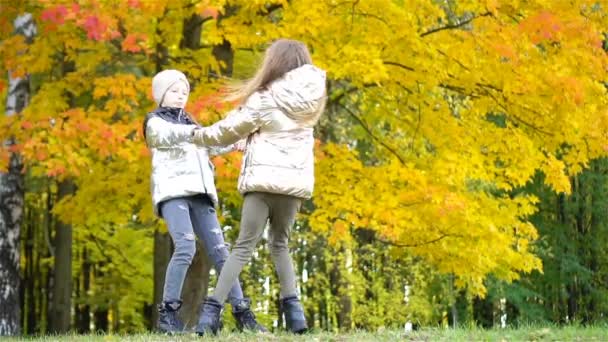 Little Happy Girl Outdoors Warm Autumn Day Kids Fall — Stock Video