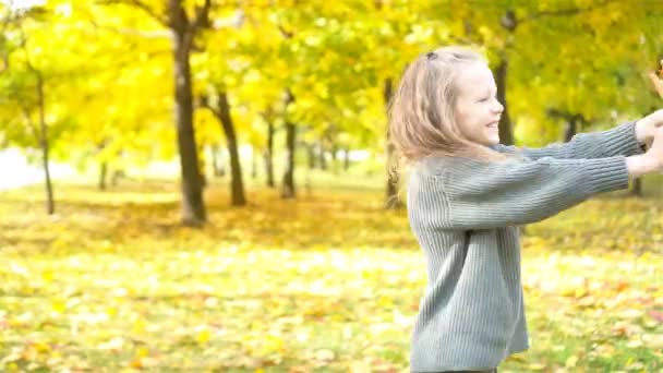 Portrait of adorable little girl with yellow leaves bouquet in fall — Stock Video