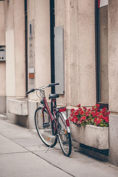 Hermoso paisaje de la ciudad con una bicicleta cerca de la antigua pared con flores en Viena — Foto de Stock