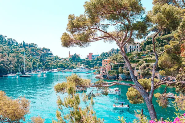 Bella costa con case colorate a Portofino, Liguria, Italia. Estate paesaggio mozzafiato . — Foto Stock