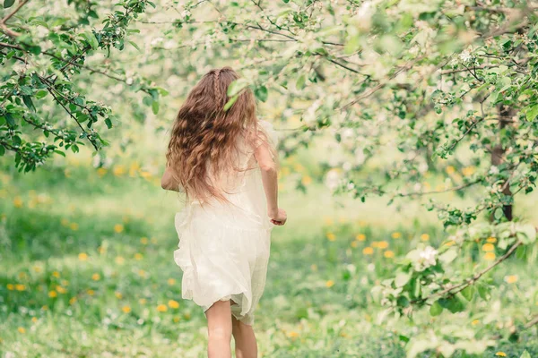 Adorável menina no jardim de maçã florescendo no belo dia de primavera — Fotografia de Stock