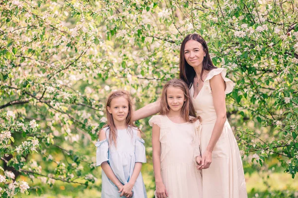 Adorables niñas con madre joven en el floreciente jardín de cerezos en el hermoso día de primavera —  Fotos de Stock