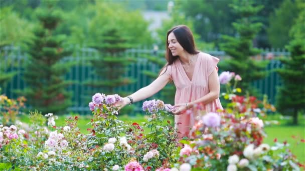 在美丽的玫瑰中，一个花园的小女孩。玫瑰的芬芳 — 图库视频影像