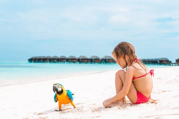 カラフルなオウムとビーチでのかわいい女の子 — ストック写真