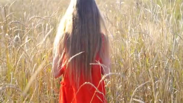 Mooie blonde meisje, heeft gelukkig plezier vrolijk lachende gezicht, rode jurk — Stockvideo