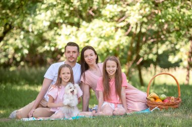 Mutlu aile güneşli bir günde parkta piknik yapıyor.