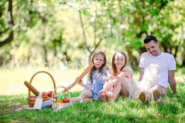 Szczęśliwy ojciec i małe córeczki zrelaksować się nad jeziorem — Zdjęcie stockowe