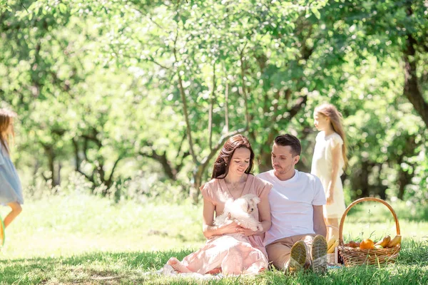 Família feliz em um piquenique no parque em um dia ensolarado — Fotografia de Stock