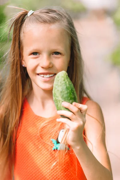 Adorabile bambina che raccoglie cetrioli e pomodori in serra . — Foto Stock