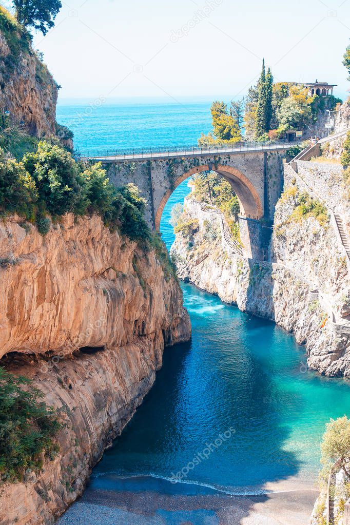 Famous fiordo di furore beach seen from bridge.