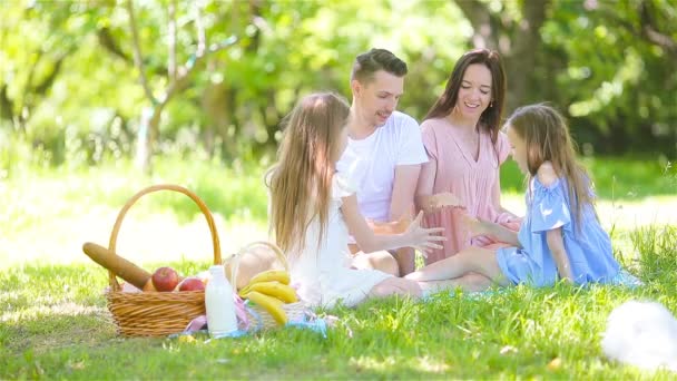 Mutlu aile güneşli bir günde parkta piknik yapıyor. — Stok video