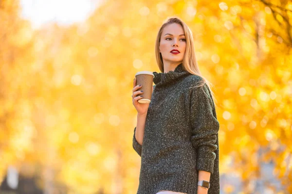 El concepto de otoño - la mujer hermosa que bebe café en el parque otoñal bajo el follaje otoñal —  Fotos de Stock