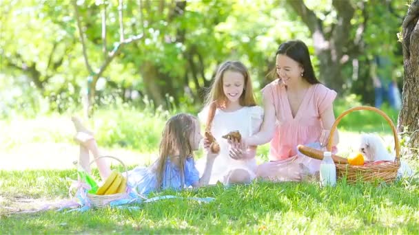 Felice madre e le piccole figlie rilassarsi vicino al lago — Video Stock