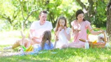Mutlu aile güneşli bir günde parkta piknik yapıyor.
