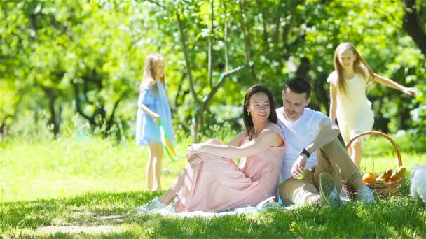 Família feliz em um piquenique no parque em um dia ensolarado — Vídeo de Stock