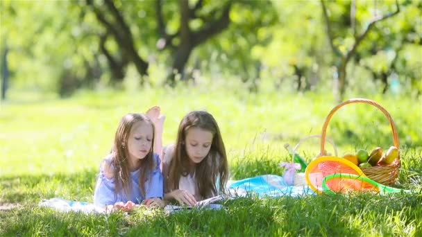 Двое маленьких детей на пикнике в парке — стоковое видео