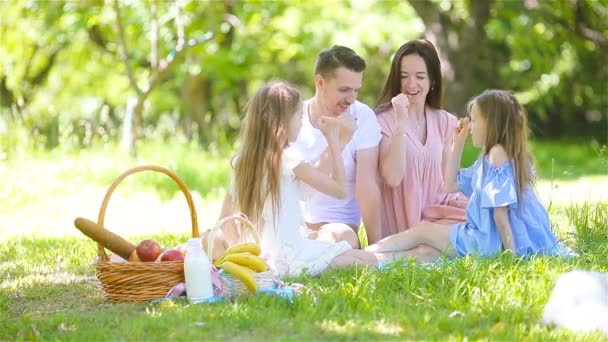 Mutlu aile güneşli bir günde parkta piknik yapıyor. — Stok video