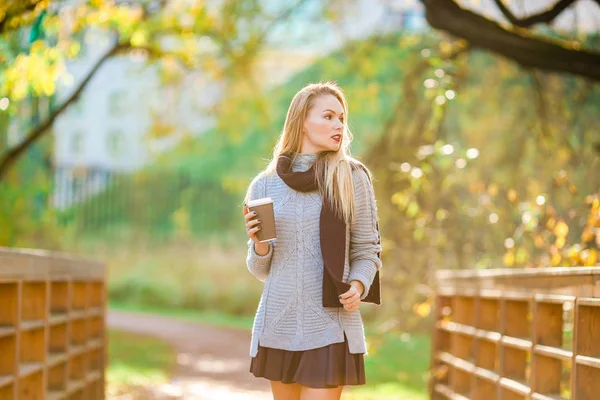 Podzimní koncepce - krásná žena pije kávu v podzimním parku pod podzimní listí — Stock fotografie