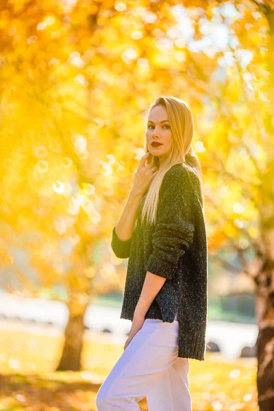 Herbstkonzept - schöne Frau trinkt Kaffee im Herbstpark unter Herbstlaub — Stockfoto