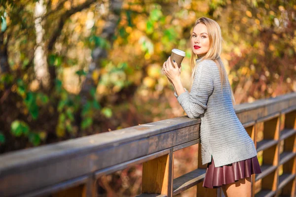 Concept d'automne - belle femme buvant du café dans le parc d'automne sous le feuillage d'automne — Photo