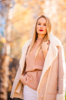 Sonbahar konsepti: Sonbahar parkında sonbahar yaprakları altında kahve içen güzel bir kadın.