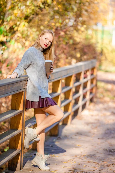 Concetto autunnale - bella donna che beve caffè nel parco autunnale sotto fogliame autunnale — Foto Stock