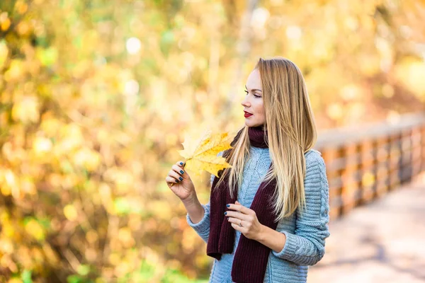 Осенняя концепция - красивая женщина пьет кофе в осеннем парке под осенней листвой — стоковое фото
