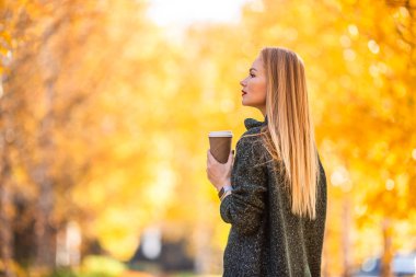 Sonbahar konsepti: Sonbahar parkında sonbahar yaprakları altında kahve içen güzel bir kadın.