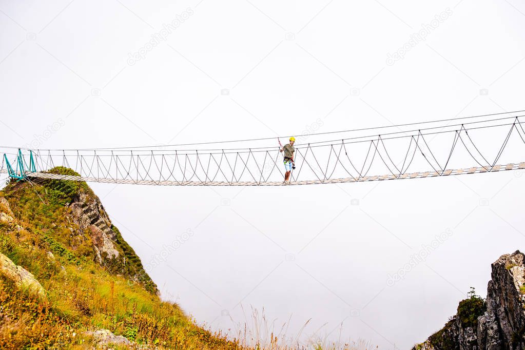 The rope bridge on the top of mountain of Rosa Khutor, Russia
