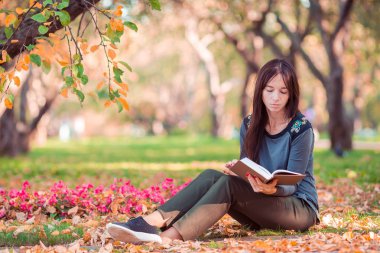 Genç kadın güzel sonbahar park bir kitap okuma