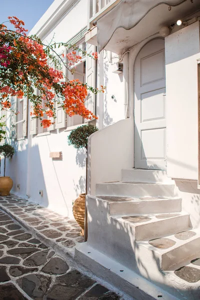 Úzké ulice ostrova s modrými balkony, schody a květinami. — Stock fotografie