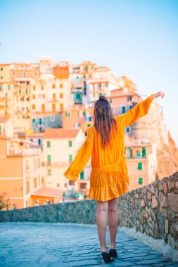 Tourist looking at scenic view of Manarola, Cinque Terre, Liguria, Italy clipart