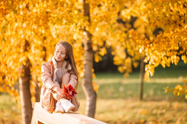 Портрет чарівної маленької дівчинки з жовтим листям букет восени — стокове фото