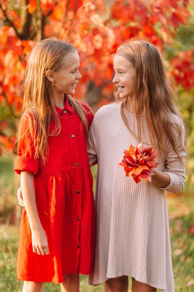 Pequeñas chicas adorables al aire libre en el cálido día soleado de otoño —  Fotos de Stock