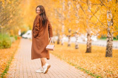 Sonbahar konsepti: Sonbahar parkında sonbahar yaprakları altında kahve içen güzel bir kadın.