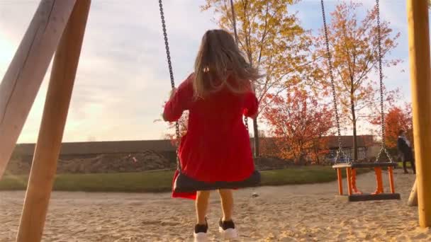 Очаровательная маленькая девочка веселилась на качелях осенью. — стоковое видео