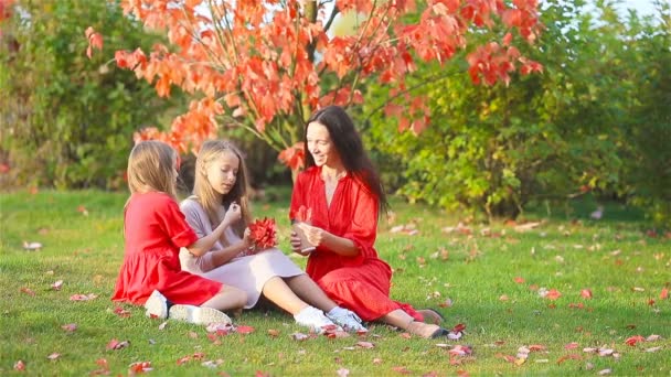 가을에 야외에서 어머니와 함께 공원에 있는 어린 소녀 — 비디오