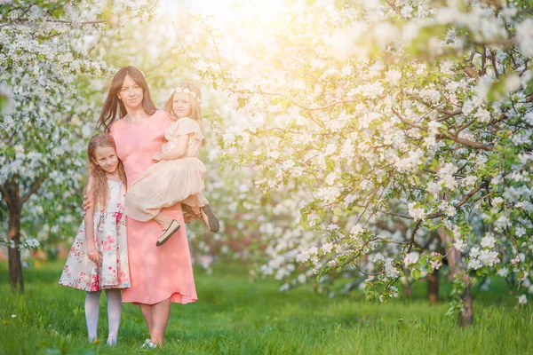 Meninas adoráveis com a jovem mãe em flor cereja jardim no belo dia de primavera — Fotografia de Stock