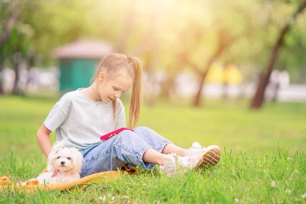 Küçük gülümseyen kız parkta oynaşıyor ve yavru köpeğe sarılıyor. — Stok fotoğraf