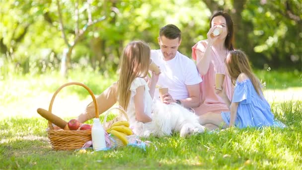 Mutlu aile güneşli bir günde parkta piknik yapıyor. — Stok video