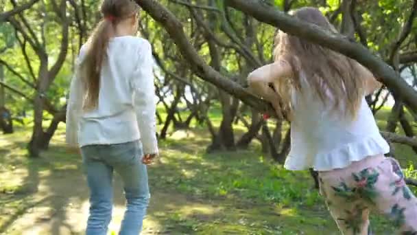 Söta flickor i blommande äppelträd trädgård njuta av den varma dagen — Stockvideo