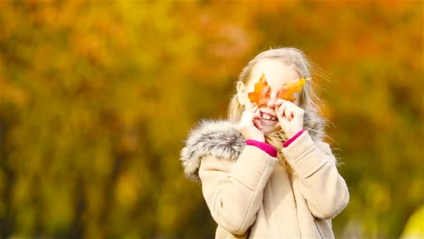 Portrait of adorable little girl outdoors at beautiful warm day with yellow leaf in fall — Stock Video